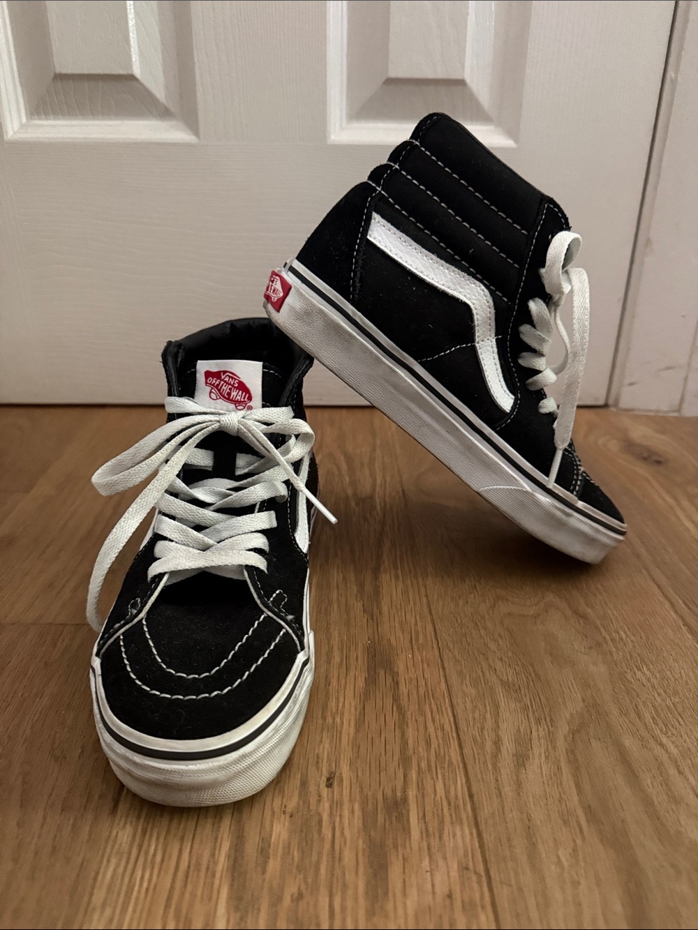 Vans Black and White SK8-Hi High-Top Skate Shoes with Red Logo
